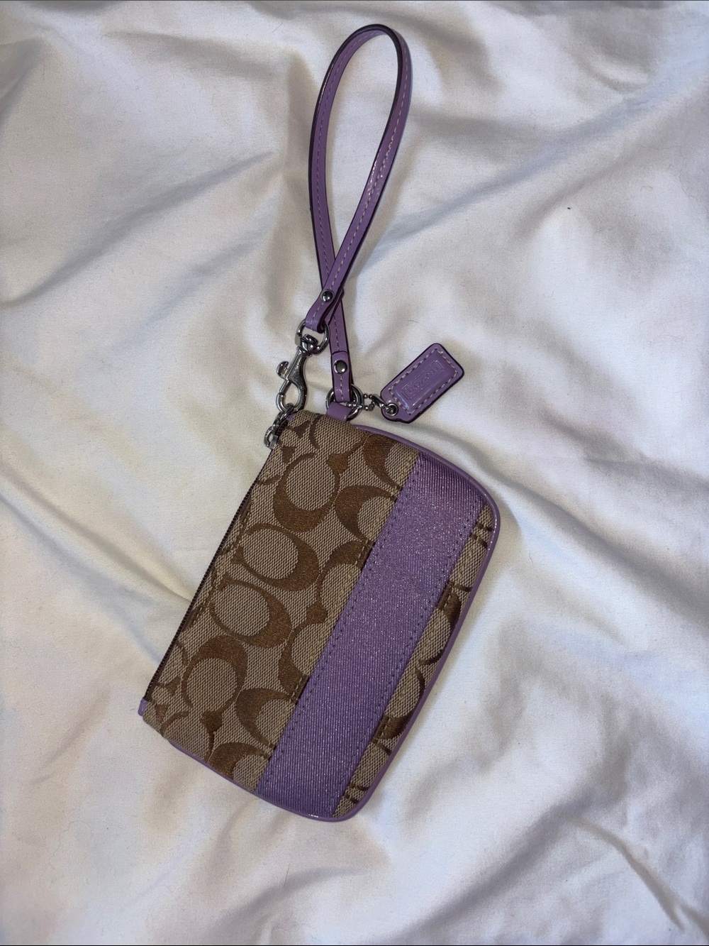 Coach Brown Signature Canvas Wristlet with Lilac Trim